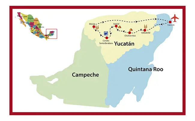 Mapa que muestra a Campeche, Quintana Roo y Yucatán.